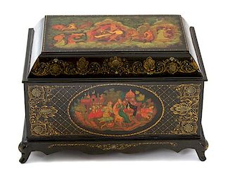 A Russian Lacquered Footed Covered Box Height 6 3/4 x width 10 1/4 x depth 6 3/4 inches.
