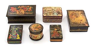 A Group of Five Russian Lacquered Boxes Width of largest 6 1/2 inches.