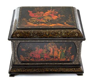 A Russian Lacquered Covered Box Height 8 x width 11 x depth 9 inches.