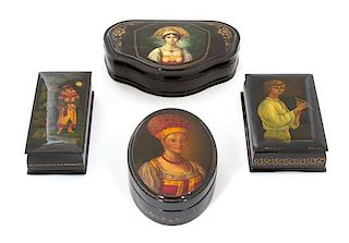 A Group of Four Russian Lacquered Boxes Width of largest 7 inches.