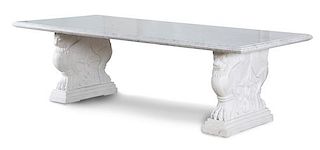 A Custom Designed Carved White Marble Dining Table Height 31 1/2 x width 102 x depth 46 inches.