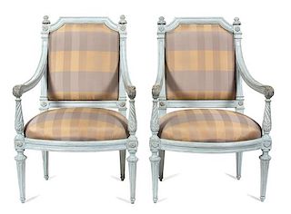 A Pair of Northern Italian Blue Lacquered and Carved Fauteuils a Chassis Height 42 1/4 inches.