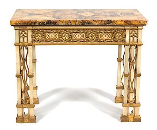 An Italian Neoclassical Painted and Parcel Gilt Marble Top Console Table Height 33 1/4 x width 41 1/2 x depth 21 1/2 inches.