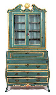 An Italian Green and Parcel Gilt Painted Secretary Height 89 x width 41 1/2 x depth 18 1/2 inches.