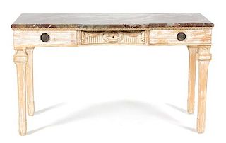 A Directoire Style Carved and Painted Marble Top Console Table Height 33 x width 55 3/4 x depth 20 1/2 inches.
