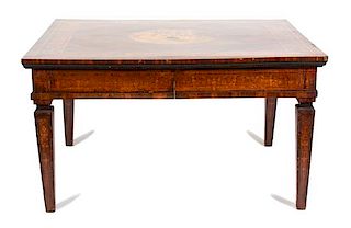 A Dutch Marquetry Inlaid Rosewood Dining Table Height 30 x width 49 1/2 x depth 49 1/2 (without leaves) inches.