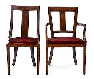 A Set of Four Dutch Marquetry Inlaid Side Chairs Height 37 1/2 inches.