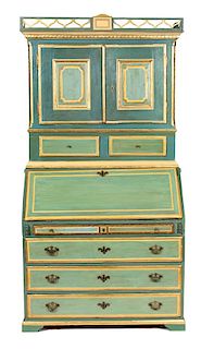 A Swedish Green and Gilt Painted Secretary Desk Height 83 1/2 x width 44 1/4 x depth 20 3/4 inches.