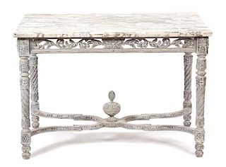 A Louis XIV Style Carved and Painted Marble Top Console Table Height 30 x width 43 1/2 x depth 27 3/4 inches.