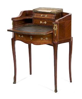 A Louis XV Style Gilt Bronze Mounted Inlaid Fruitwood Bonhuer de Jour Height 38 1/4 x width 29 x depth 21 inches.