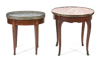 Two Gilt Metal Mounted Marble Top Side Tables Larger, height 22 x diameter 22 1/2 inches.