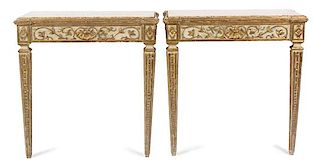 A Pair of Louis XVI Style Painted and Parcel Gilt Console Tables Height 34 1/2 x width 33 1/2 x depth 17 inches