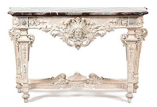 A Louis XIV Style Carved and Painted Marble Top Console Table Height 38 x width 58 x depth 19 inches.