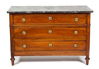 A Louis XVI Style Marble Top Fruitwood Commode Height 33 3/4 x width 50 x depth 22 3/4 inches.