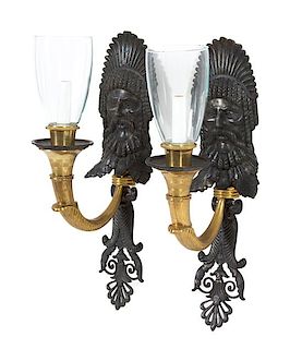 A Pair of Neo-Classical Gilt Bronze Griffon-Form Two-Light Wall Sconces