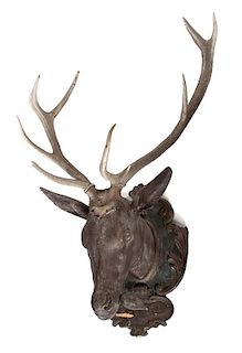 A Continental Carved and Painted Wood Mounted Stags Head Height 50 x width 30 x depth 26 inches.