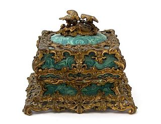 A Louis XV Style Gilt Bronze Mounted Faux-Malachite Scent Bottle Set Height 5 x width 5 1/2 x depth 6 1/2 inches.