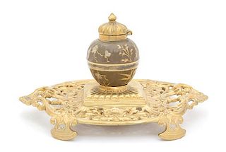 A French Gilt Bronze and Enamel Standish Height 6 x width 9 1/2 x depth 7 inches.