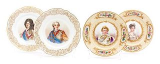 Two Pairs of Sevres Hand Painted Porcelain Portrait Plates Diameter of larger 9 1/4 inches.