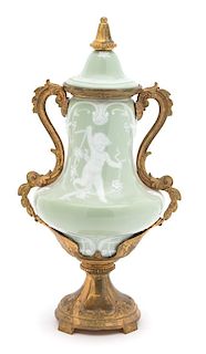 A Limoges Pate-sur-Pate Gilt Bronze Mounted Porcelain Vase Height 11 inches.