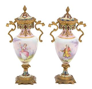 A Pair of Sevres Style Gilt Bronze Mounted Champleve Porcelain Urns Height 7 1/2 inches.
