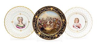 A Group of Three Hand Painted Continental Plates Diameter of larger 9 1/4 inches.