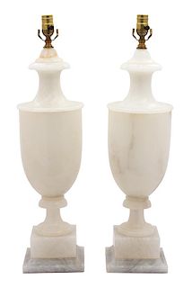 A Pair of White Alabaster Urn-form Table Lamps Height 34 inches.