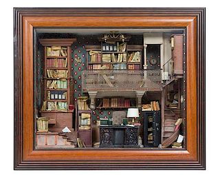 An Italian Shadow Box Framed Miniature Library Height of room 14 1/4 x width 17 3/4 x depth 4 5/8 inches.