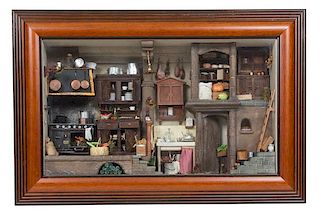 An Italian Shadow Box Framed Miniature Kitchen Height of room 11 5/8 x width 20 1/4 x depth 4 3/4 inches.