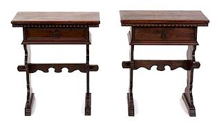 A Pair of Jacobean Style Carved and Stained Pine Trestle Side Tables Height 27 1/4 x width 24 x depth 13 14 inches.