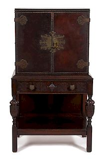 A Jacobean Style Brass Mounted Cabinet Height 54 x width 30 1/2 x depth 20 inches.