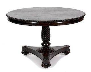 A Regency Style Carved Mahogany Center Table Height 30 1/2 x diameter 47 inches.