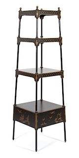 A Regency Style Ebonized and Gilt Decorated Four Tier Etagere Height 69 x width 20 1/2 x depth 20 1/2 inches.