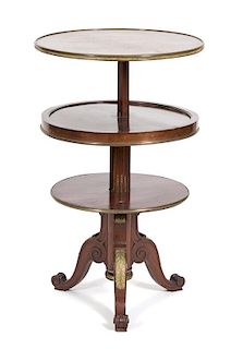 A Regency Brass Mounted Mahogany Collapsible Wine Stand Table Height 28 3/4 x diameter 23 1/4 inches.