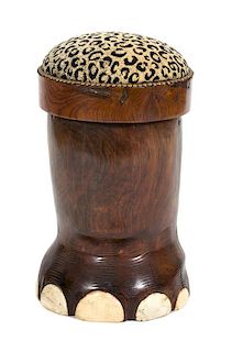 A Carved and Painted Wood Elephant Leg-form Stool Height 21 inches.