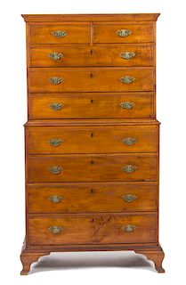 An American Chippendale Flat Top Figured Maple Chest-on-Chest Height 71 1/2 x width 40 1/4 x depth 20 inches.
