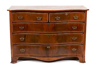 An American Federal Satinwood Inlaid Mahogany Serpentine Chest of Drawers Height 37 1/2 x width 53 3/4 x depth 21 3/4 inches.