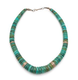 Irena Corwin, (American, 20th Century), Necklace of turquoise wampum beads and Navajo silver disks.