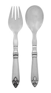 * A Pair of Danish Silver Serving Fork and Spoon, Georg Jensen, 20th Century, having foliate design