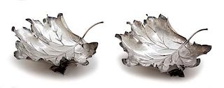A Pair of Italian Silver Maple Leaf-form Dishes, Buccellati, Italy, 20th Century, raised on rolled leaf feet