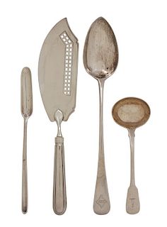 Four Georgian Silver Serving Pieces, Various makers, comprising a marrow spoon, a ladle, a stuffing spoon and a fish server