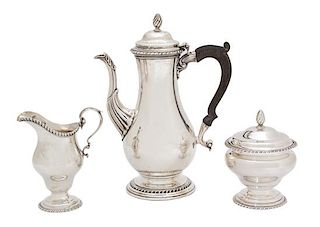 * An American Silver Coffee Pot with Treen Handle, Reproduction 1770, together with creamer and sugar bowl
