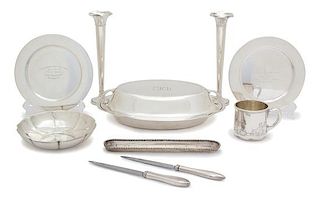 A Miscellaneous Group of American Silver, Various Makers, comprising a covered oval vegetable dish, a pair of weighted bud vases