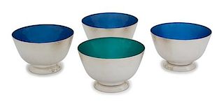 Four American Silver Bowls with Enameled Interiors, Towle Silversmiths, Newburyport, MA, three having blue interiors, one with g