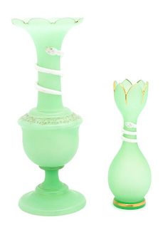 Two Green Opaline Glass Vases with Wrapped White Snake Decoration Height of tallest 14 inches.
