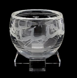 A Steuben Copper Wheel Engraved Crystal Bowl on Base Height 7 inches.
