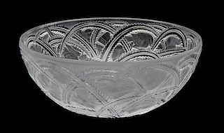 A Lalique Pinsions Molded and Frosted Glass Bowl Diameter 9 1/4 inches.