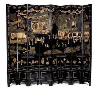 A Chinese Coromandel Lacquer Eight-Panel Floor Screen Each panel 98 1/2 x 16 inches.