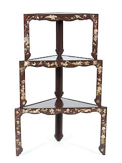 An Asian Inlaid Three Tier Corner Etagere Height 56 3/4 x width 36 3/4 x depth 18 3/4 inches.