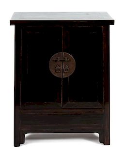 A Chinese Black Lacquer Side Cabinet Height 32 1/2 x width 24 3/4 x depth 13 3/4 inches.